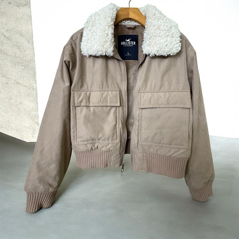 Hollister Sherpa Collar Bomber All Weather Cropped Tan Brown Jacket Size Small